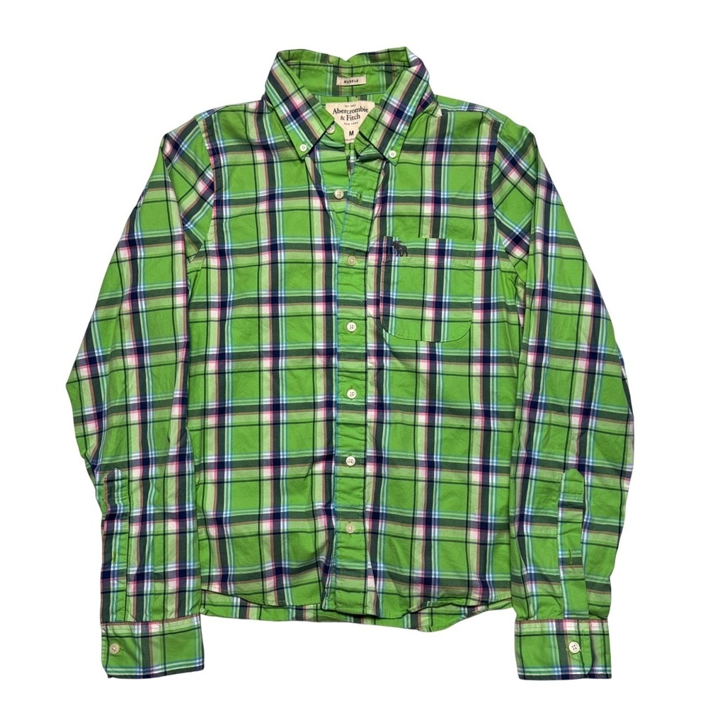 Vintage Abercrombie & Fitch Muscle Shirt Mens Medium Green Plaid Button Down Y2k
